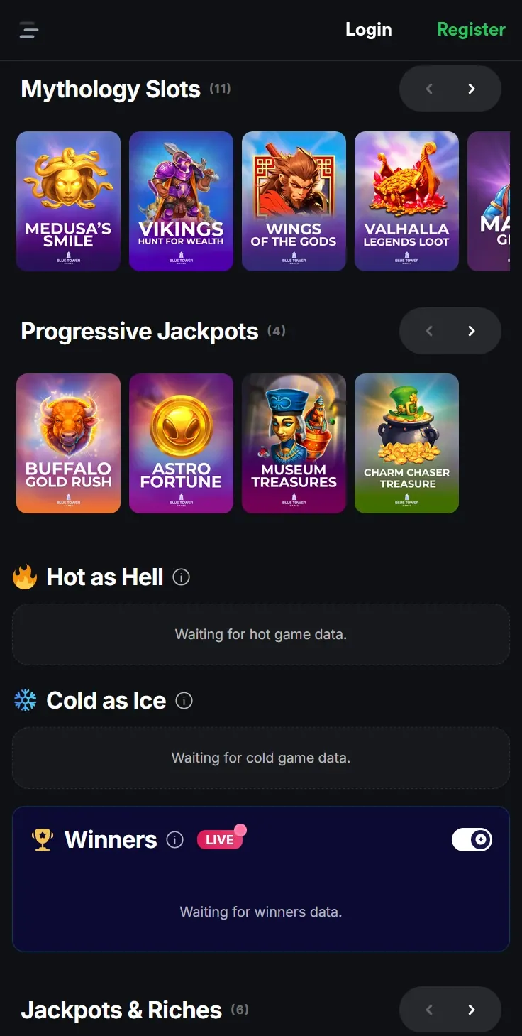 CashFall game lobby with mythology slots, progressive jackpots, hot and cold games and live winners